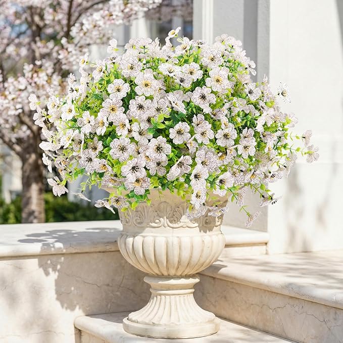Artificial Flowers Outdoor Faux Plants UV Resistant Fake Patio Flowers Plastic Greenery Plnats Outside Bulk for Spring Garden Hanging Planter Home Vase Decor, 12 Bundles (White)