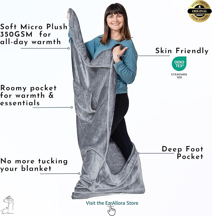 Fleece Lightweight Foot Pocket Blanket -Patent Pending- Gamer Gift for Men Who Have Everything -Father's Day Premium Gifts for Dad Who Wants Nothing and Elderly Dads (Fleece, Silver Grey)