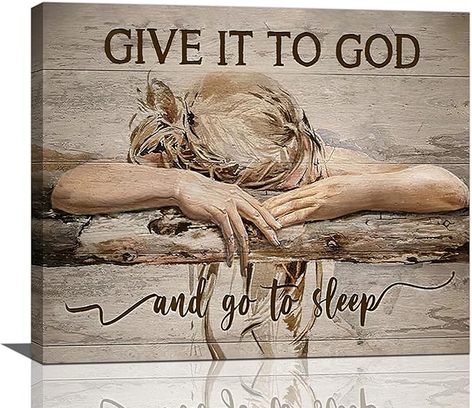 Farmhouse Wall Decor for Bedroom Give It to God and Go to Sleep Sign Pictures Rustic Above Bed Wall Art Christian Girl Sleep Painting Country Bible Verse Canvas Framed Print Artwork 24"x20"