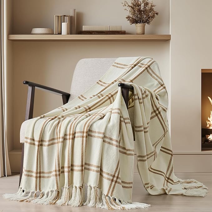 EverGrace Plaid Chenille Throw Blanket for Couch, Super Soft Cozy Decorative Windowpane Grid Plaid Throw with Tassels, Lightweight Chenille Knit Throw for Bed Sofa Gift, Cream & Beige 60"x80"