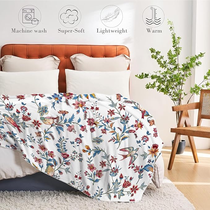 Bird Floral Throw Blanket Flower Plant Cozy Fuzzy Plush Throw Blanket Flannel Fleece Throw Blankets Gift for Women Girl Adult Boho Blankets for Bed Sofa Travel 50" x 60" Inch
