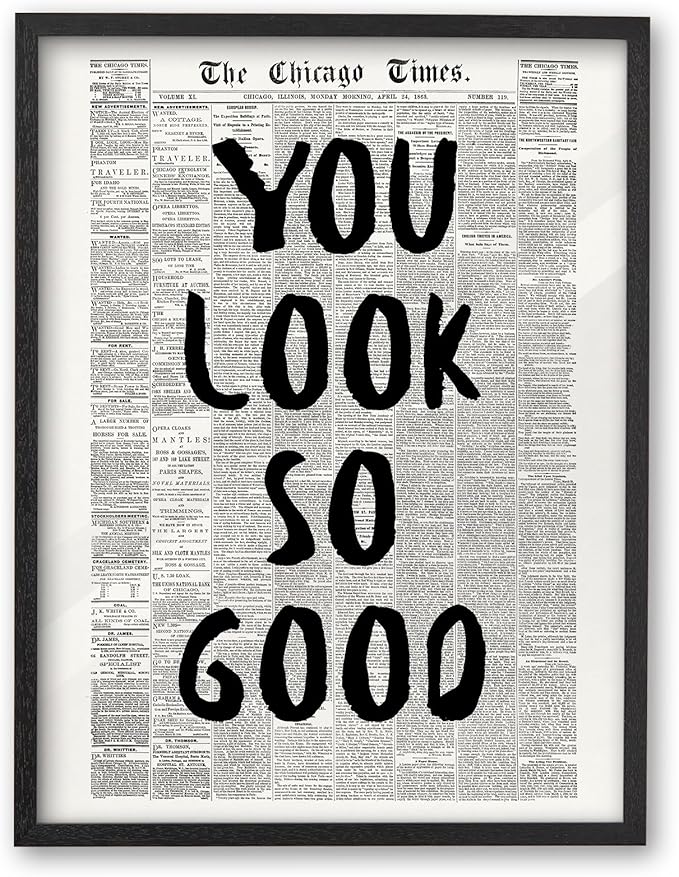 iHery Premium Natural Black OAK Wood 12x16in You Look So Good Trendy Inspirational Framed Wall Art, Vintage Girl Newspaper Motivational Canvas Wall Decor For Dorm Bedroom Living Room Posters 1Pack