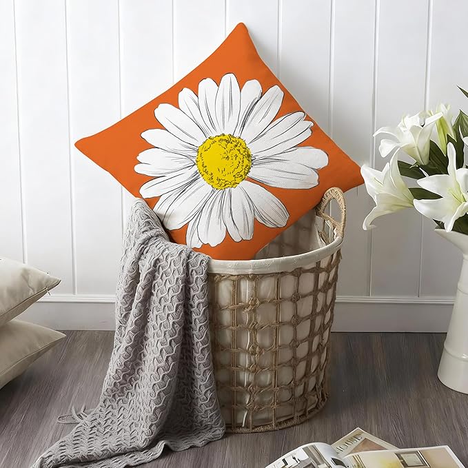 Hexagram Spring Summer Pillow Covers 18x18 Set of 4, Outdoor Floral Daisy Decorative Orange Throw Pillow Covers, You are My Sunshine Farmhouse Cushion Case for Couch Sofa Indoor Home Decor(No Insert)