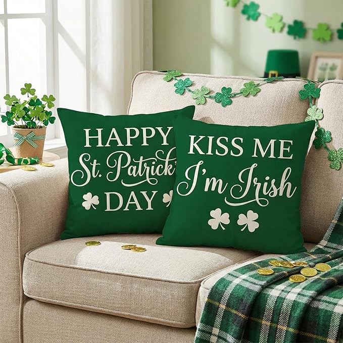 ONFAON St Patricks Day Decorations,St Patricks Day Pillow Covers 18x18 Set of 4 Scottish Tartan Plaid St Patricks Day Hat Farmhouse Classic Decorative Square Cushion Cases for Sofa Couch