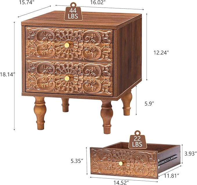Nightstand, Farmhouse Bedside Table with 2 Drawers and Metal Handles, Wood Sofa Side Table End Table Accent Dresser for Bedroom, Living Room (Walnut-2 Packs) (15.75 x 16.02 x 18.15 Inch)