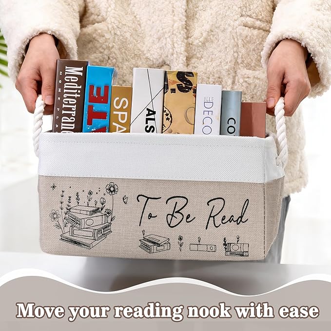 Book Lovers Gifts for Women Men – TBR Book Storage Basket with Pocket, Book Basket for Couch & Bedside, Reading Accessories, Book Club Gifts for Teacher Librarian, Decor for Living Room