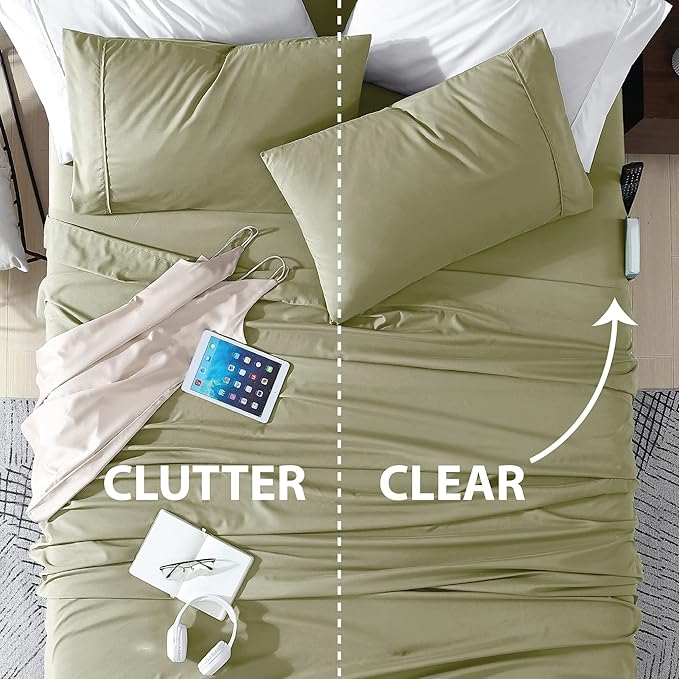 Swift Home Smart Sheets, Ultra Soft Brushed Microfiber 3-Piece Sheet Set, Fitted Bed Sheet with Side Storage Pockets – Sage, Twin