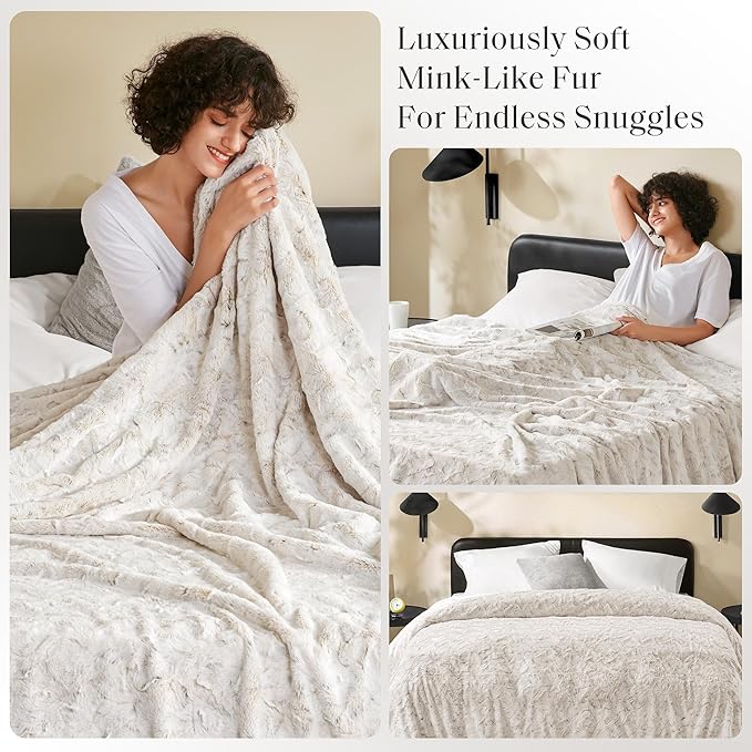 Madison Park Ultra-Soft Poly Fur Blanket Queen Size, Reversible Plush, All Season & Lightweight Queen Fuzzy Blanket for Bed, Couch & Sofa, Zuri, Full/Queen Snow Leopard