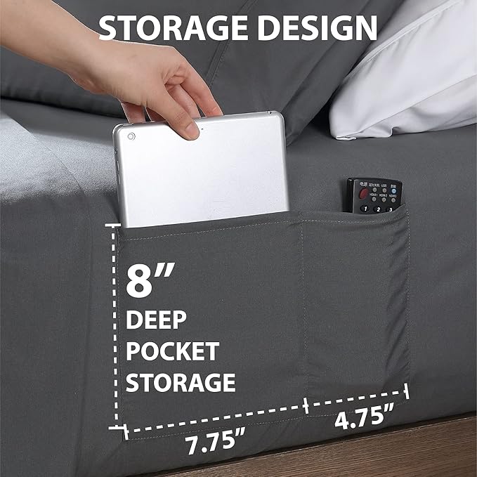 Swift Home Smart Sheets, Ultra Soft Brushed Microfiber 4-Piece Sheet Set, Fitted Bed Sheet with Side Storage Pockets – Grey, King