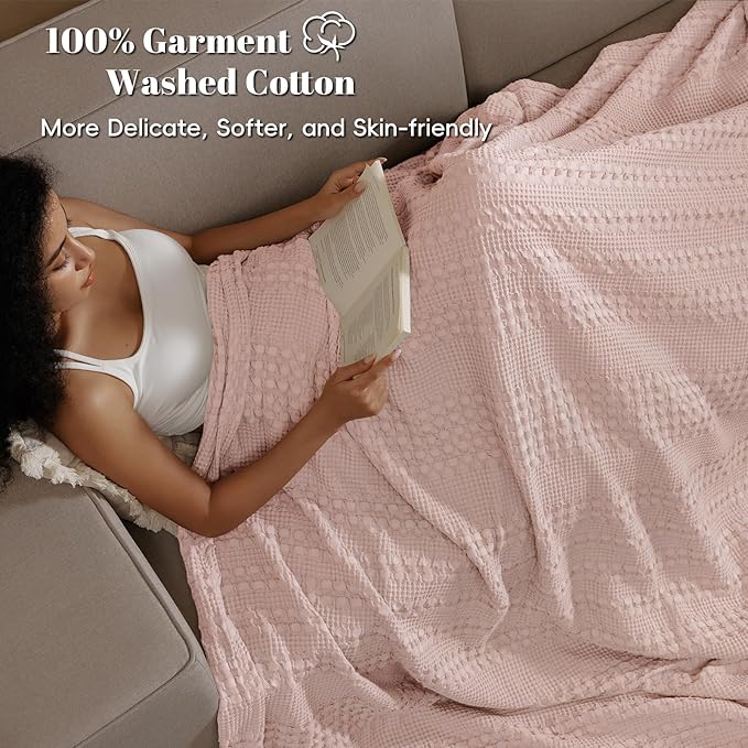PHF 100% Cotton Waffle Weave Blanket Queen Size for Bed, Soft Lightweight & Breathable for Spring and Summer, All-Season Comfort, Luxury Aesthetic Blanket for Home Decor, 90"x90", Pink/Mauve