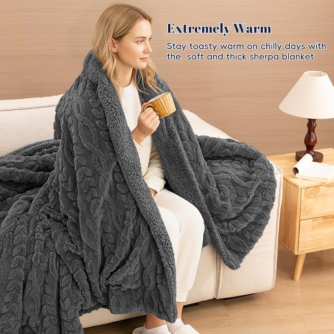 PHF Fluffy Sherpa Blanket King Size for Winter, Warm and Soft, 510GSM 3D Jacquard Thick Shaggy Fleece Plush Blanket for Sofa Bed, Dark Grey, 108"x90"