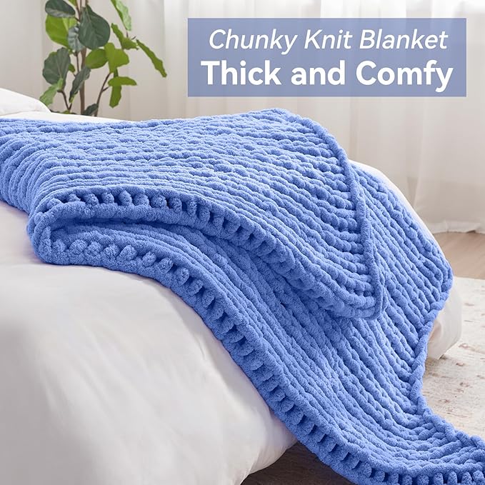 Chunky Knit Throw Blanket, 80''*90'' Knitted Throw Chenille Yarn for Bed Couch, Handmade Light Blue Crochet Big Thick Blanket, Machine Washable Cute Comfy Blanket for Home Decor