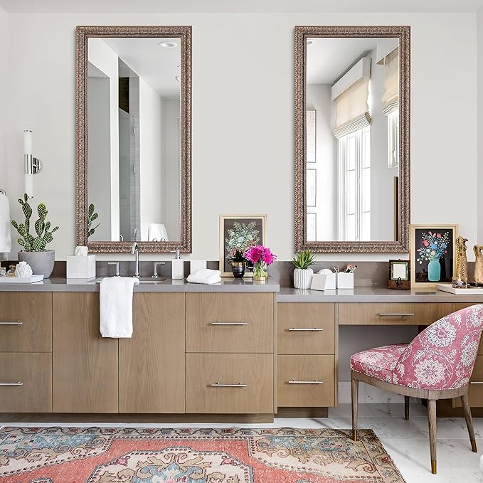 Chende 60" L x 31" W Large Full Length Mirror for Bedroom, Antique Bronze Decorative Mirror with Ornate Solid Wood Frame, Rectangular, Long Narrow Leaves Design, Unique
