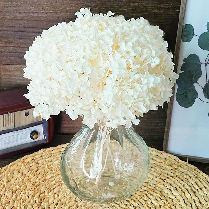 Creamy Ivory Hydrangea Dried Flowers in Glass Vase – Artificial Flowers in Vase for Home Decor, Hydrangeas Centerpiece for Dining Table, Coffee Table, Bathroom, Shelf & Bedroom –Floral Arrangements