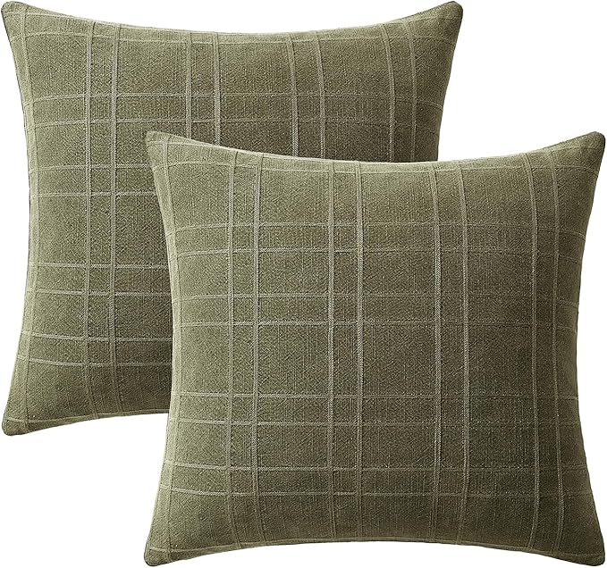 MIULEE Decorative Linen Check Throw Pillow Covers Neutral Farmhouse Vintage Spring Pillow Covers 18x18 Set of 2 Boho Modern Home Decor for Sofa Couch Bedroom Cushion Sage Green