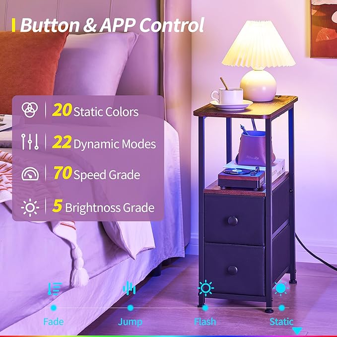 Narrow End Table with Charging Station, Narrow Side Table with Drawer, Small Nightstand with LED Light, Skinny Nightstand, Small Bedside Table for Living Room, Bedroom, Couch, Rustic Brown