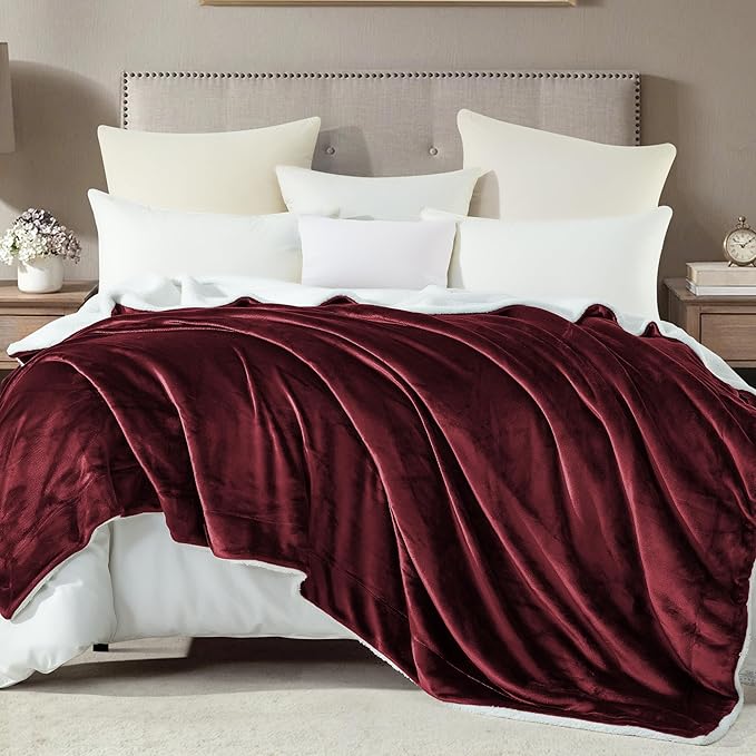 Mocassi Premium Ultra-Soft Flannel Fleece Sherpa Throw Blanket - Warm Cozy Reversible Plush Micromink Blanket for Couch, Bed and Sofa - Fluffy, Christmas Winter Bedding Gift, Twin XL, Burgundy