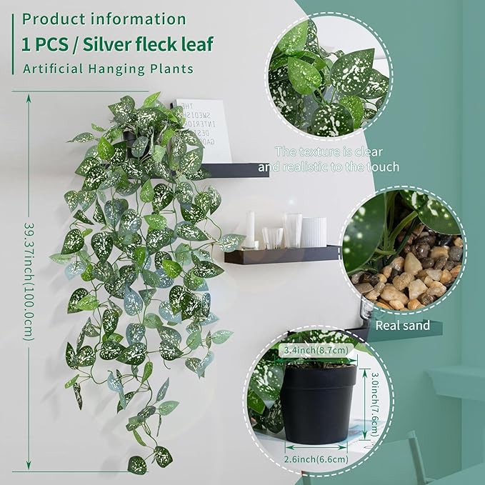LOYWREE 39-in Long Fake Hanging Plant with Pot Faux Pothos Artificial Potted Plants Small Faux Ivy Vine Plant for Indoor Outdoor Aesthetic Office Living Room Shelf Decor (Black Pot)