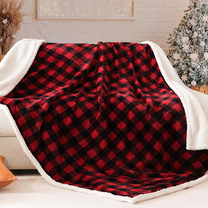 BEAUTEX Sherpa Fleece Flannel Blanket Twin Size, Super Soft Warm Buffalo Plaid Plush Microfiber Blankets, Cozy Fuzzy Christmas Blanket for Couch Sofa Bed (Red, 60" x 80")