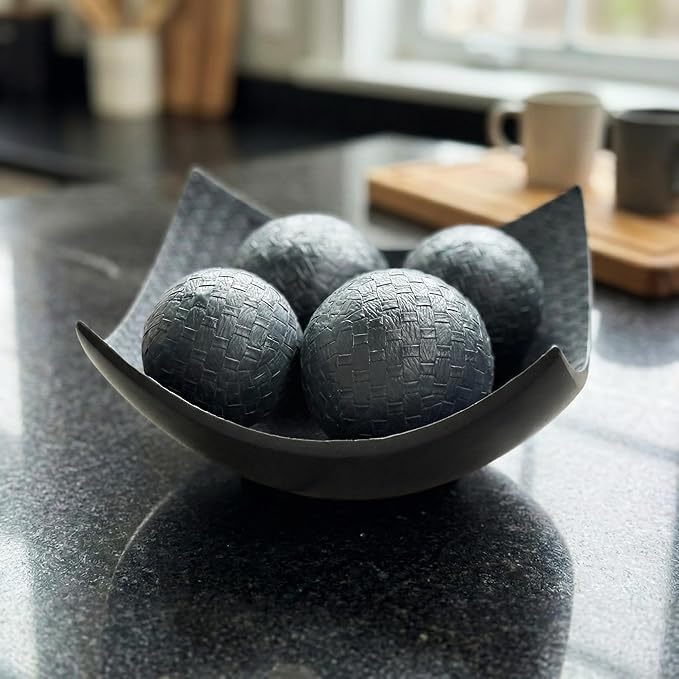 Seraphic 5pc Scoop Bowl Table Centerpieces for Dining Room, Large Decorative Bowls for Coffee Table Decor, Kitchen, Orbs/Balls Included, 14" diagonal. 11" wide and 5.75" tall, Charcoal Black