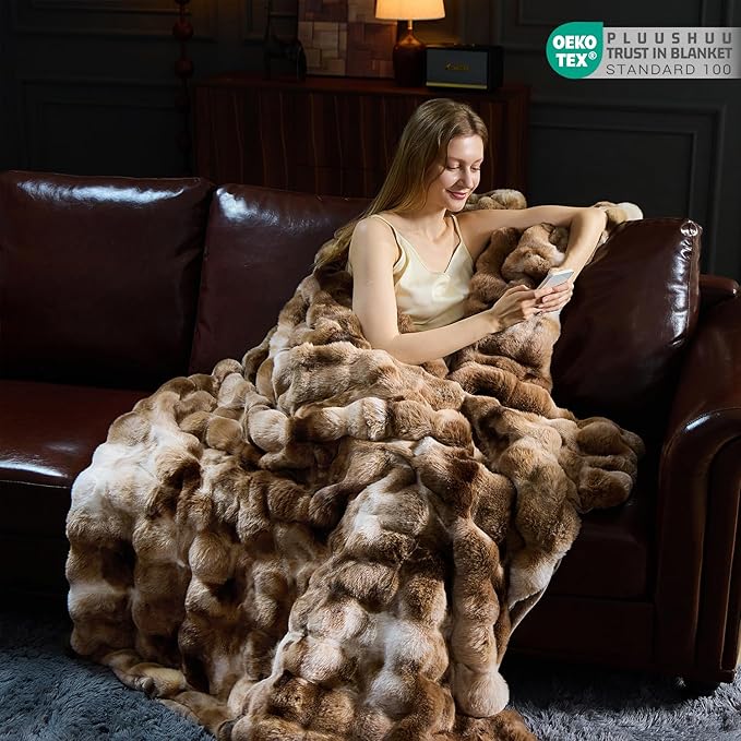 Faux Fur Throw Blanket for Couch, Fluffy Fuzzy Plush Bubble Blanket, Soft Warm Cozy Shaggy Rabbit Blanket, Luxury Decorative Gifts for Sofa Bedroom Living Room, 90x90inch (Tie-Dye-Brown)
