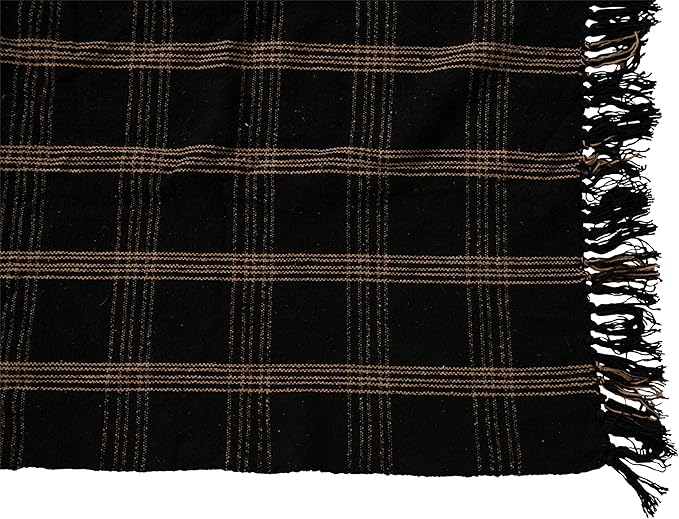Plaid Black & Tan Fringed Woven Cotton Blend Throw