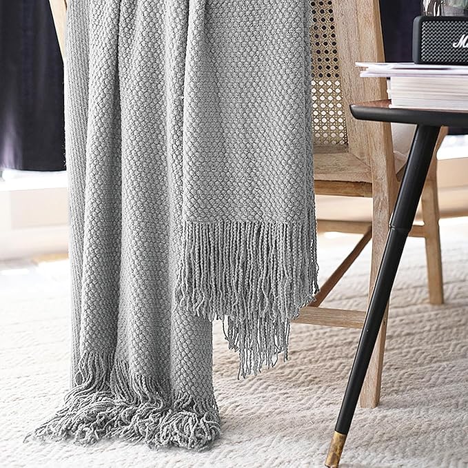 LOMAO Knitted Throw Blanket with Tassels Bubble Textured Lightweight Throws for Couch Cover Home Decor (Light Grey, 60x80)