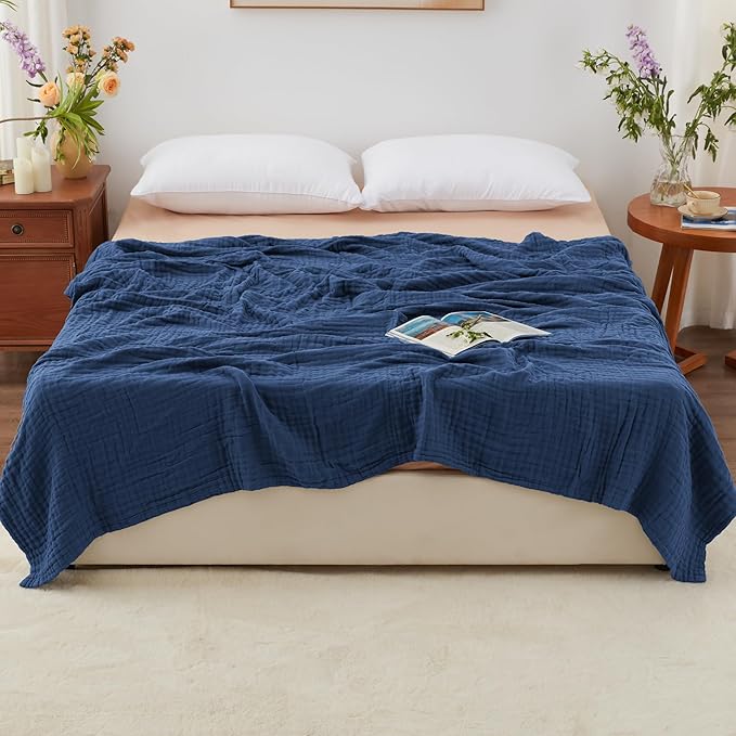 Love's cabin 100% Cotton Muslin Blanket, 6 Layer Lightweight Breathable Gauze Queen Size Blanket 90 x 90 Inches, Soft All Season Blanket for Bed, Dark Blue