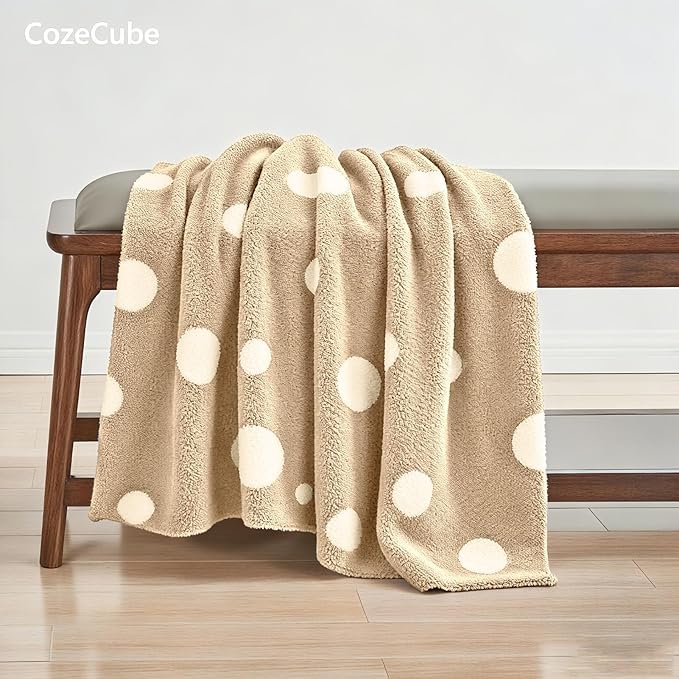 CozeCube Super Soft Fullfy Microfiber Reversible Knitted Blankets, Warm Cozy Fuzzy Plush Throw, Beige and White Polka Dot Throw Blanket for Couch Bed Sofa, 60" x 80"
