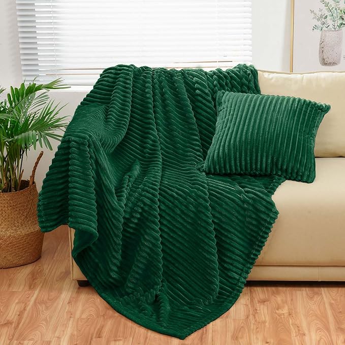 Bnuitland Dark Green Flannel Throw (50X71 inches) with Pillow Cover(18×18"),300GSM Super Soft Fleece Stripe Pattern Sofa Blanket, Lightweight Cozy Bed Throw for Home Decor All Season