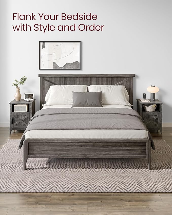 VASAGLE LIRY Collection - Farmhouse Nightstand with Barn Door, Set of 2, Bedside Table with Storage, Side End Table, Night Stand, Open Compartment, for Bedroom, Misty Gray ULET809G68