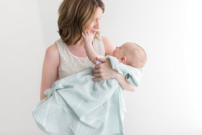 Amazing Baby Cellular Blanket, Premium Cotton Knit, Ultra Soft, Breathable, Cozy Gift for Baby Boys and Girls, Favorite Toddler Blanket, 44 x 44 inches (112 x 112 cm), Soft Blue