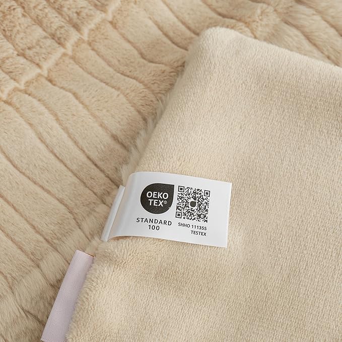 Amélie Home Luxury Striped Faux Fur Throw Blanket for Couch, Soft Cozy Fuzzy Fluffy Soft Plush Blankets Sofa Chair Gift Blankets for Women, 60"x80", Beige