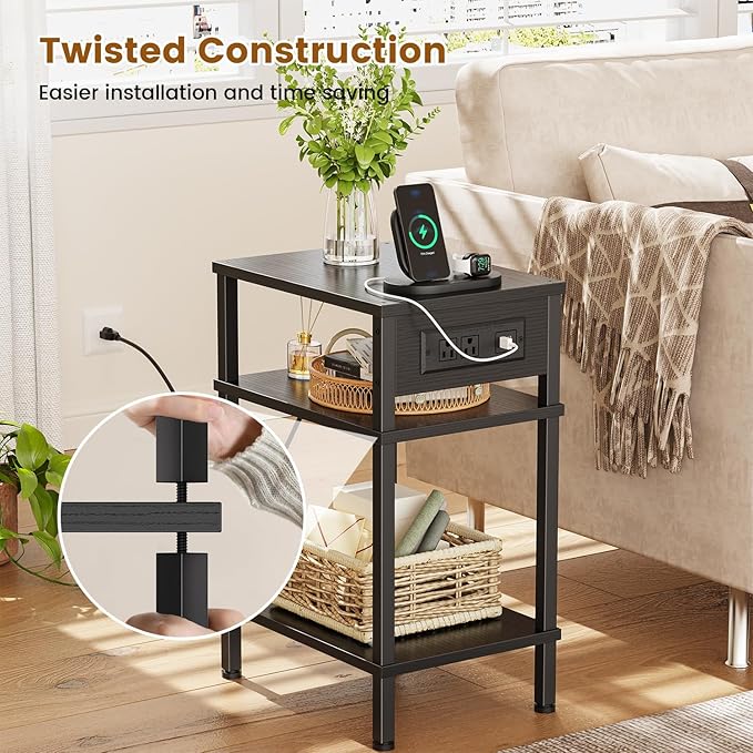 Side Table with Charging Station, Tall End Tables Living Room, 21.7 Inch Skinny Night Stand with Storage, Small Bedside Tables for Bedroom, Office, Dorm, Hallway, Black