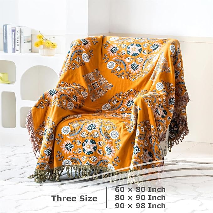 Boho Throw Blanket for Bed 100% Cotton Soft Lightweight Quilt Floral Embroidery Home Decor Spring Breathable Bed Blanket,60"x80" All Season Reversible Twin Yellow Blankets for Sofa Couch Chair