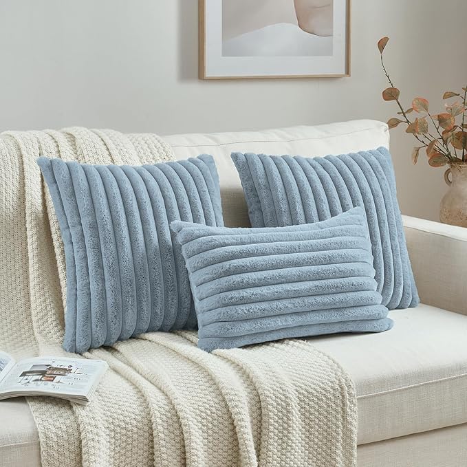 FUTEI Dusty Blue Decorative Throw Pillow Covers Set of 2, 12x20 Inch Soft Fluffy Faux Fur Plush Striped Lumbar Pillowcases, Modern Home Decor for Couch Bed Living Room