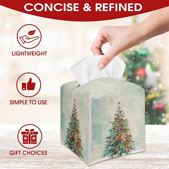 Christmas Trees Tissue Box Cover Leather, Christmas Tissue Box Cover Square, Facial Paper Organizer for Table Top Nightstands Desk Bathroom Kitchen Car Office Home Decor(5.2 Inches)-B01