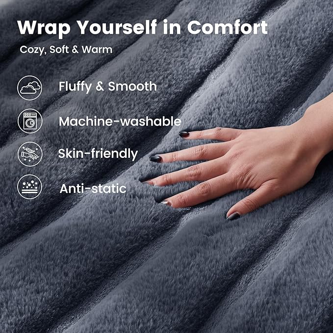 Cozy Bliss Deluxe Sheared Rabbit Faux Fur Throw Blanket, Soft Fuzzy High-Low Sculpted Plush Blanket for Couch, Cozy Home Accent, All Season Use, Blue 60"x80"