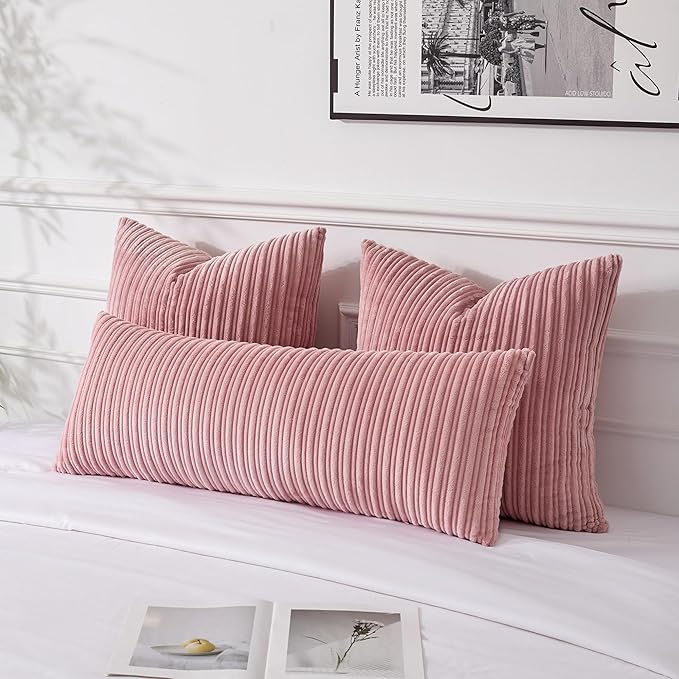 UGASA 14x36 Inch Pillow Cover Pack of 1 Valentine's Day Soft Boho Stripe Corduroy Large Long Rectangular Lumbar Cushion Cover Decorative Throw Pillowcase for Couch Sofa Bedroom Living Room, Baby Pink