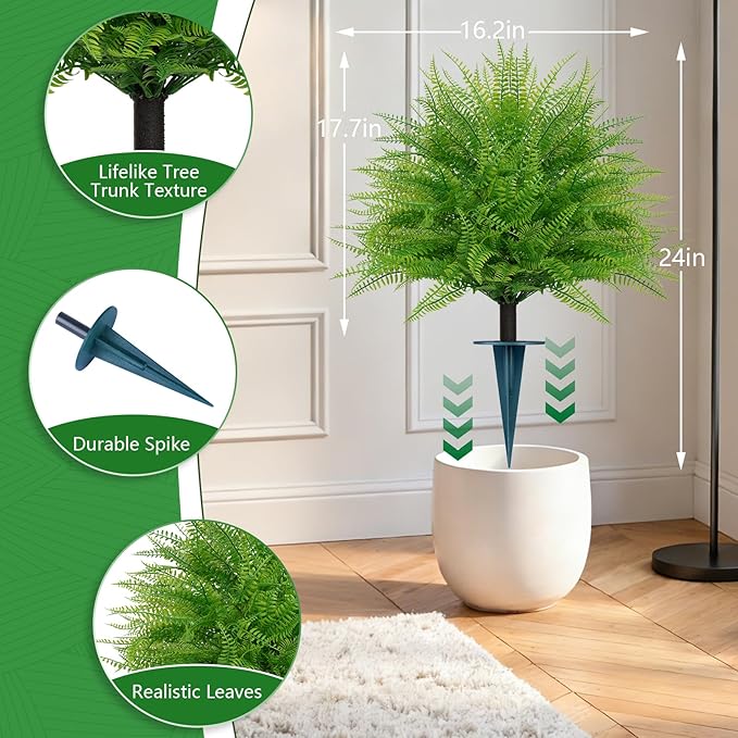 Artificial Fern Topiary Ball with Ground Spike, Set of 2 Faux Boston Fern Plants Shrub, Fake UV Resistant Evergreen Bushes for Porch Garden Indoor Outdoor Decor
