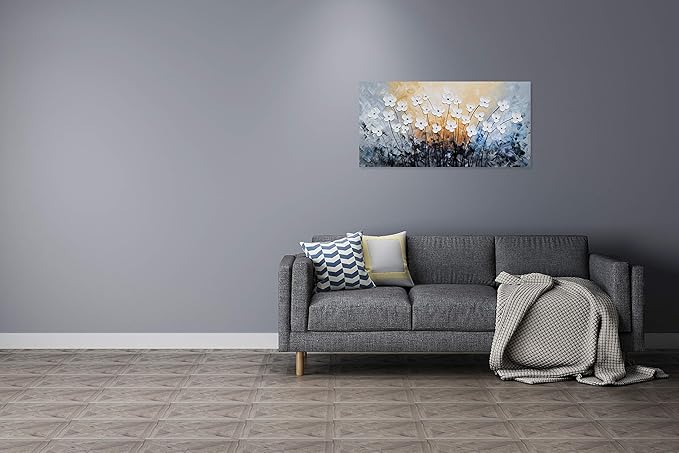SYGALLERIER White Flower Canvas Wall Art - Hand Painted 3D Oil Paintings - Black Blue Pictures for Living Room Farmhouse Dinning Room Decor