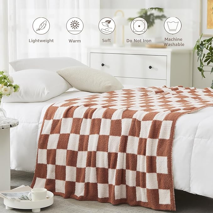 WRENSONGE Checkered Throw Blanket, Autumn Leaf Orange Soft Cozy Fluffy Warm Hand Made Throw Blankets for Couch, Sofa, Chair, Bed, Camping, Picnic, Travel Lightweight Bed Blanket - 50"*70"