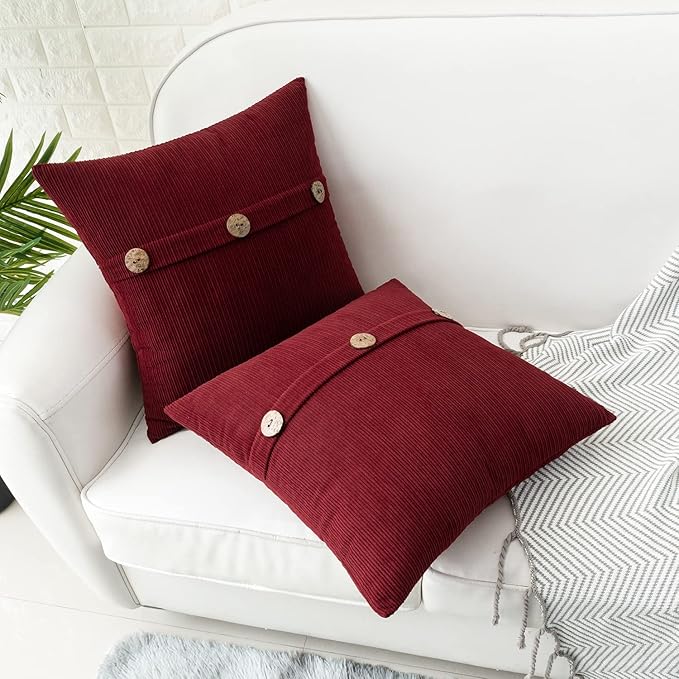 HWY 50 Burgundy Red Chenille Throw Pillow Covers 20x20 Inch with Triple Buttons, Soft Farmhouse Accent Decorative Cushion Cases for Couch Sofa Bed Living Room Pack of 2
