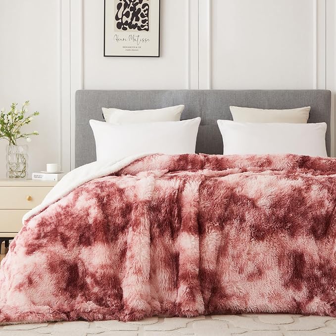 COOVA Ultra Soft Faux Fur Twin Blanket – Fuzzy Fluffy Cozy Microfiber Blankets, Warm Thick Plush Sherpa Fleece Throw Blanket for Couch,Bed,Sofa,Ideal Gift for Women.(Tie Dye Rose Red, 60"x80")