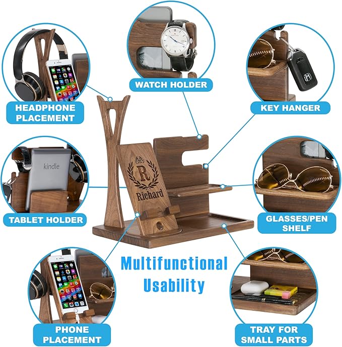 Personalized Desk Organizer for Men Him - Handmade Accessories Organizer with Rotating Phone Stand, Headphone Stand, Watch Holder