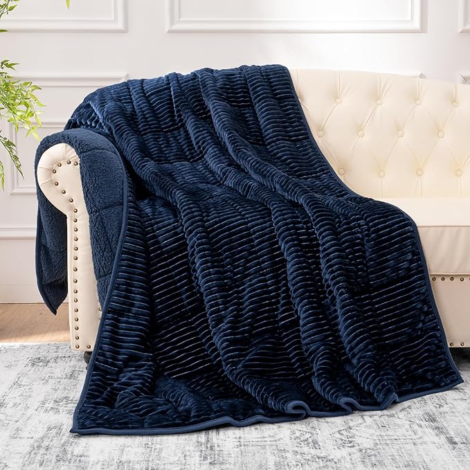 Sherpa Fleece Weighted Blanket with Ribbed Stripes for Adults, 15 lbs Dual Sided Cozy Warm Blanket for Couch Full Size Bed, Glass Beads Heavy Thick Blankets Great for Sleep, Navy Blue, 60" x 80"
