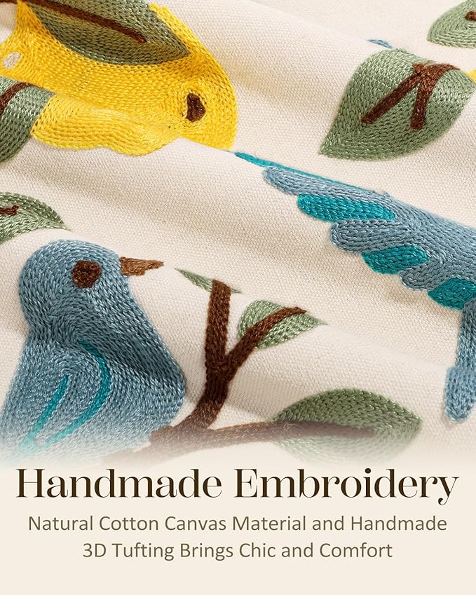 Embroidered Throw Pillow Cover 18x18 Inch - Spring Summer Boho Decorative Pillow Cover with Zipper for Living Room Couch Sofa Bed Aesthetic Design Bird Lemon Cushion Pillowcase
