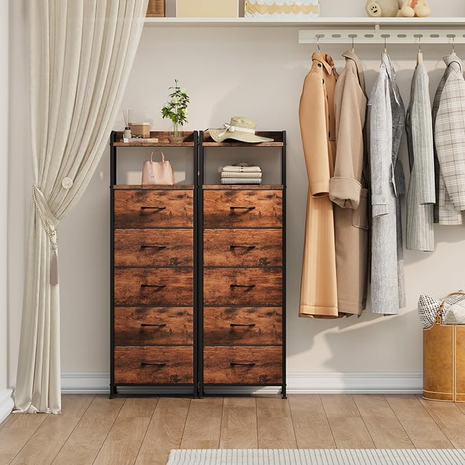 Somdot Tall Nightstand for Bedroom, Tall 5 Drawers Dresser, Vertical Storage Tower Unit, Nightstand Furniture with Fabric Drawer Organizer in Bedside Kids Room, Laundry Entryway, Wood Grain Print