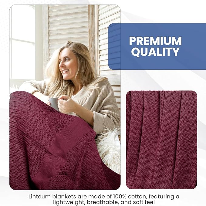 Linteum Textile Supply Leno Weave Burgundy Blanket, Queen 100% Cotton, Lightweight, Warm, Fluffy, Premium and Durable Soft & Cozy Bed Blanket for Bed, Couch, Sofa Throw for All Season [90x90]