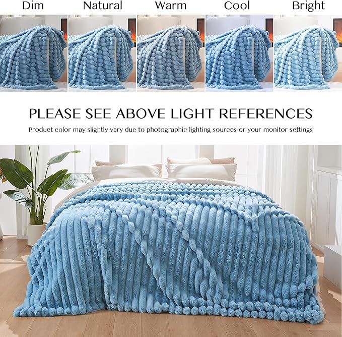 Lotus Karen Faux Fur Throw Blanket - Stripe Faux Rabbit Fur Blanket for Couch, Cozy Soft Fluffy Fuzzy Blanket, Warm Thick Furry Plush Shaggy Small Blankets for Women, Blue,50x60 Inches